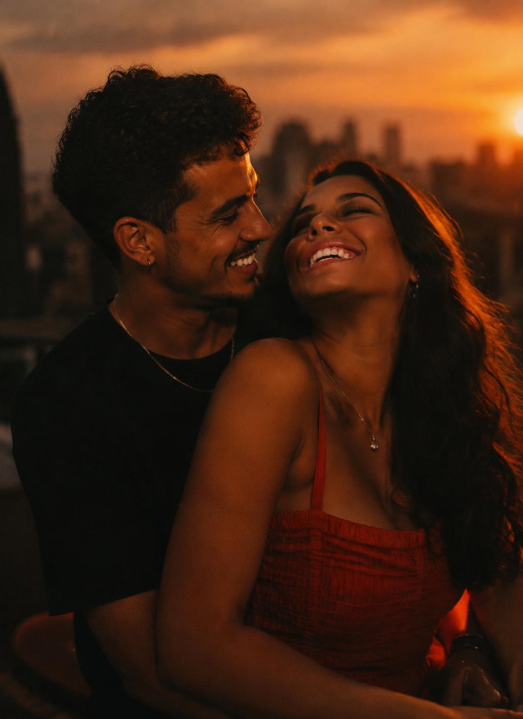 Casal sorrindo ao pôr do sol